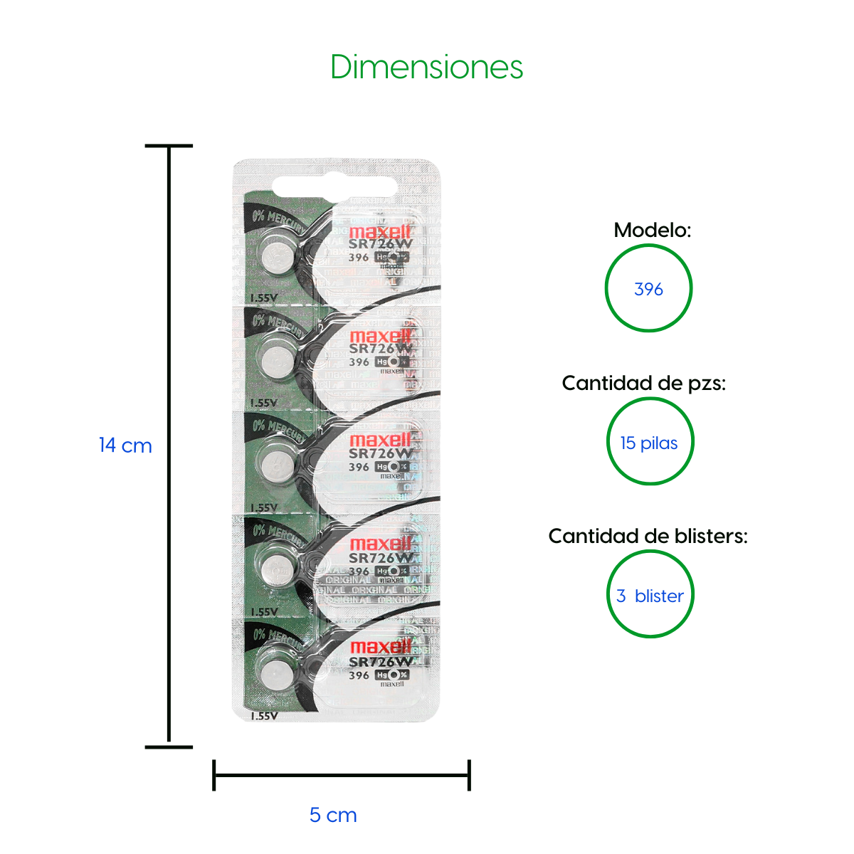 Bateria 15 Pilas para reloj 396 (SR726W) 3 Blister Pila Boton