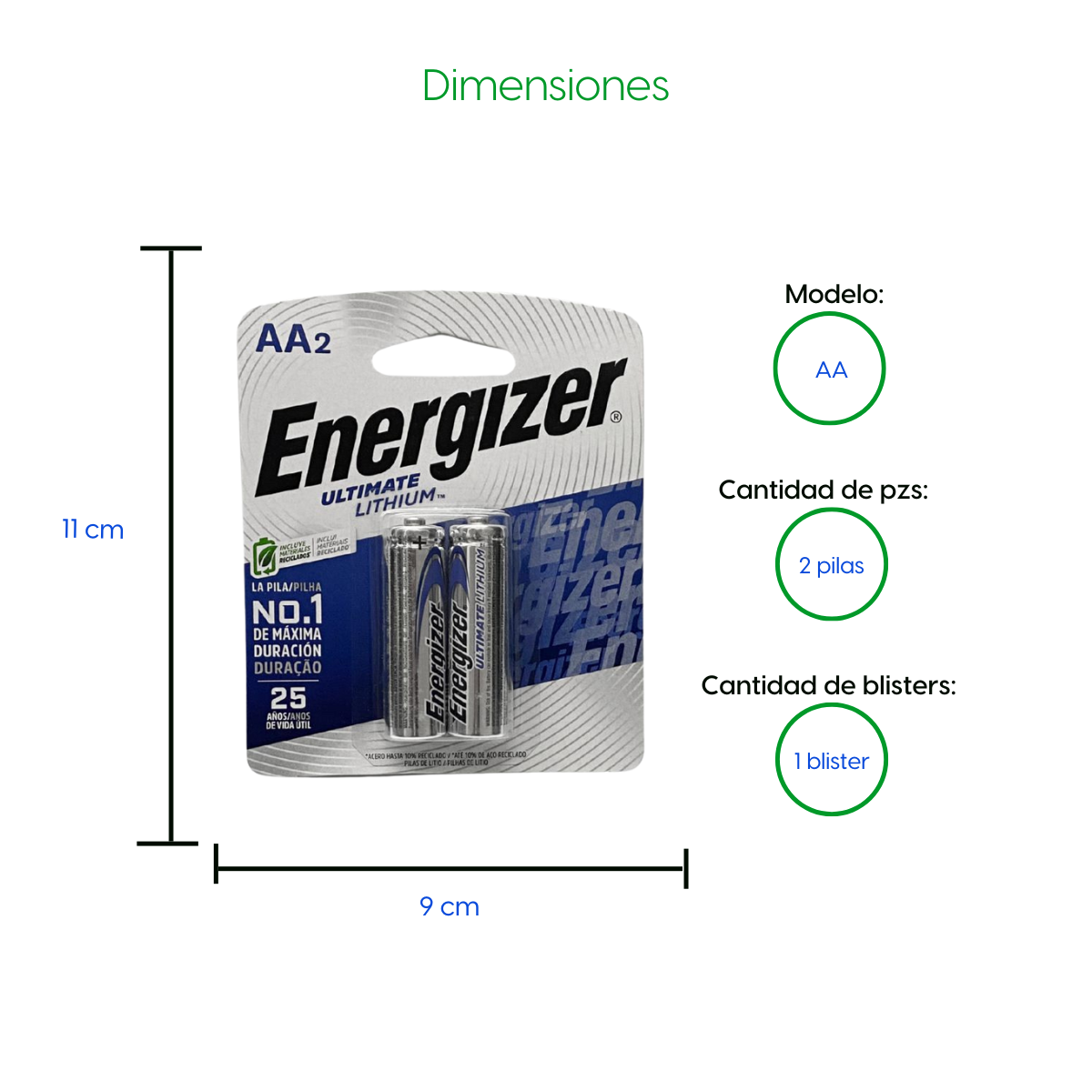 2 Piezas Bateria Pilas Energizer Doble AA - Litio