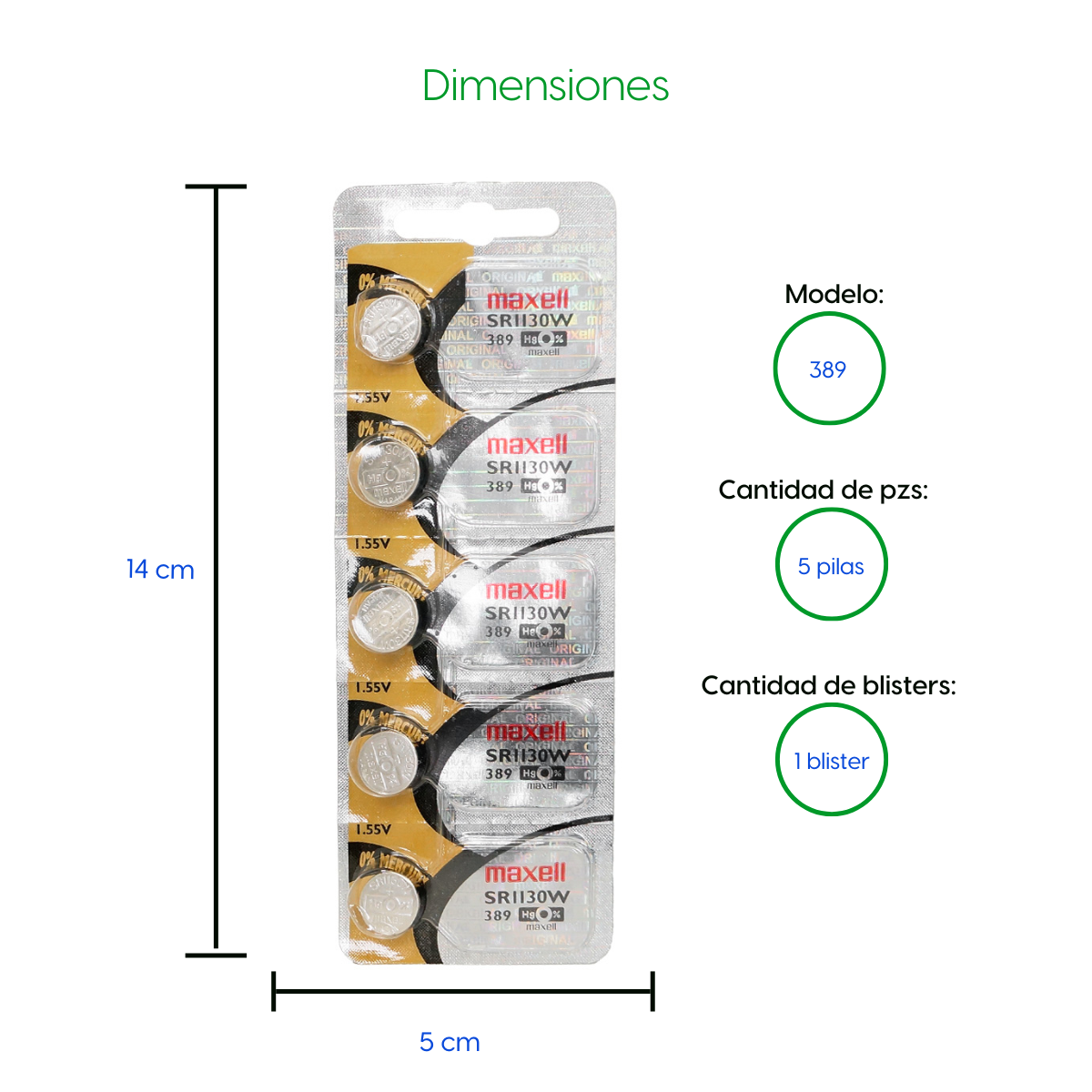 5 Pila Bateria Para Reloj 389 Maxell 1 Blister Boton Sr1130w