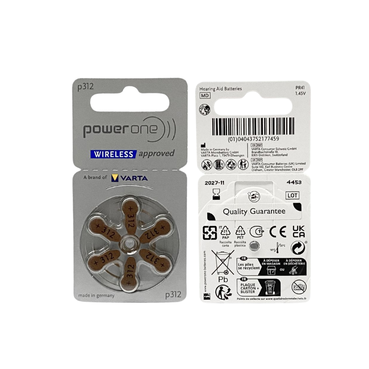 Pila 312 Power One para Auxiliar Auditivo 60 pilas 10 blisters