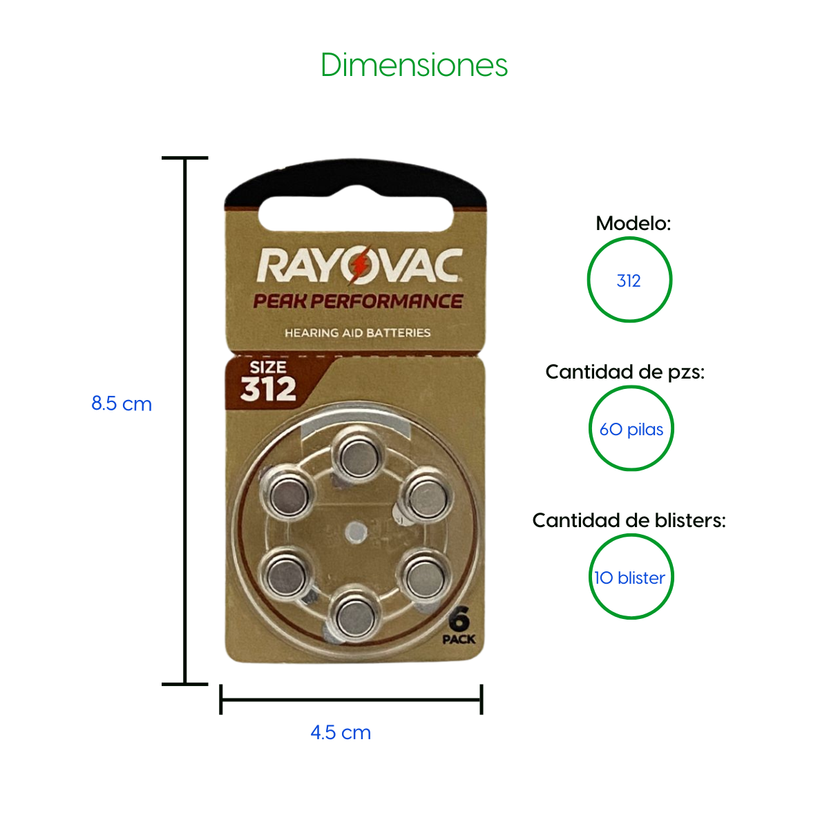 Bateria 60 Pilas 312 Auxiliar Auditivo Peak Performance 10 Blister