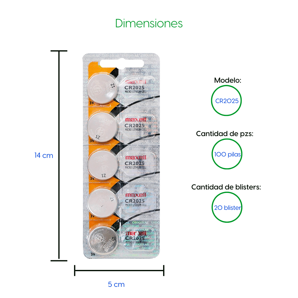 Bateria 100 Pila de Litio CR2025 20 Blister Pila de reloj Pila de Boton
