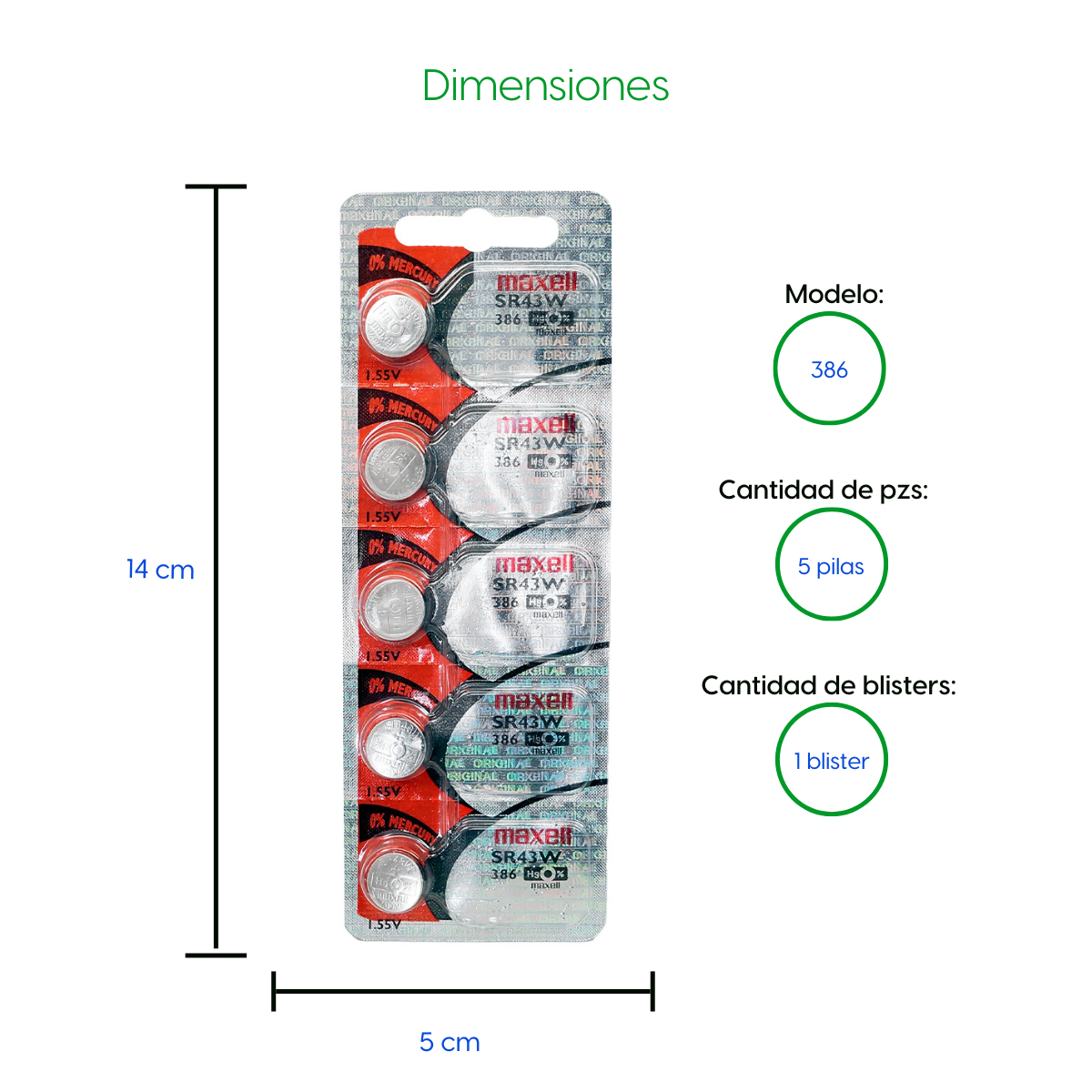 Bateria 5 Pilas Para Reloj 386 Maxell Sr43w 1 Blister Boton